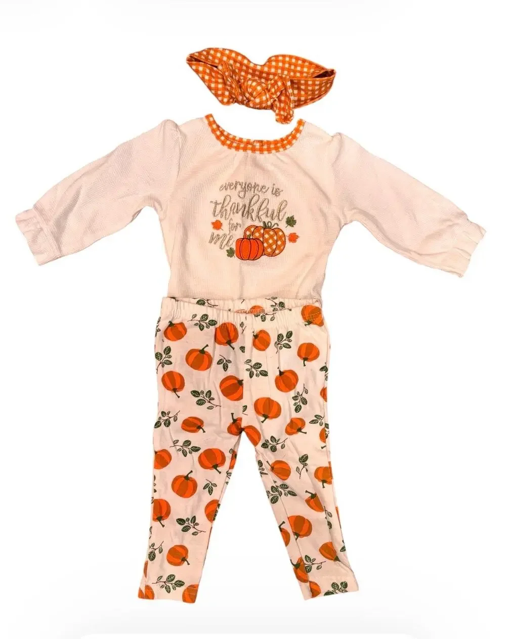 Thanksgiving 3 piece outfit 9 months. Long sleeve top, leggings and headband.